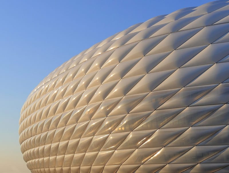 Close-up of the inflated, diamond-shaped facade panels on the exterior of the Allianz Arena stadium in Munich