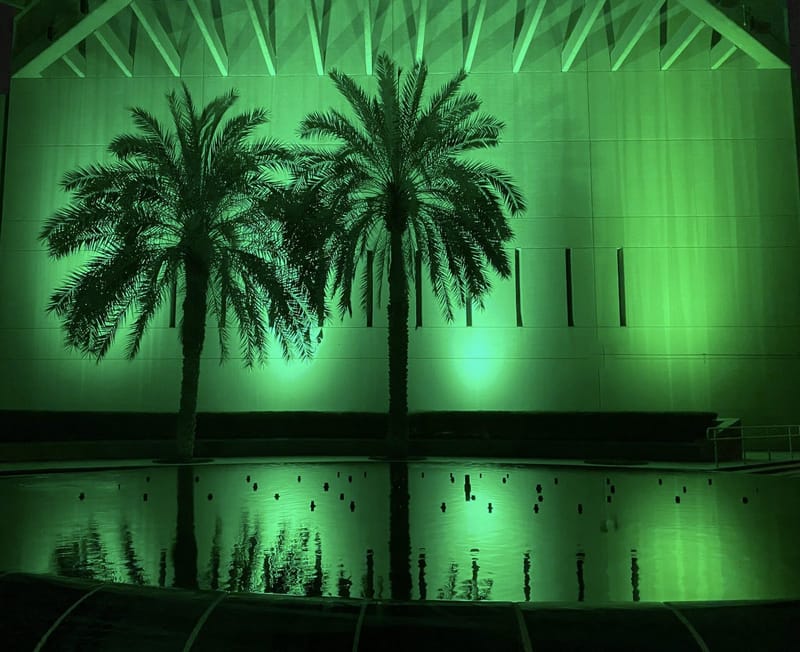 The US Embassy building in Riyadh, Saudi Arabia, illuminated in green at night