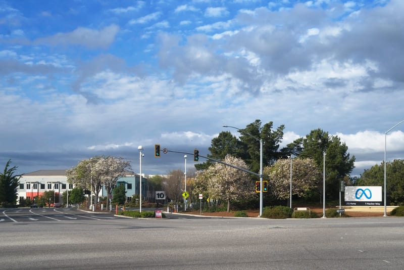 Entrance sign at the Meta Platforms headquarters complex in Menlo Park, California
