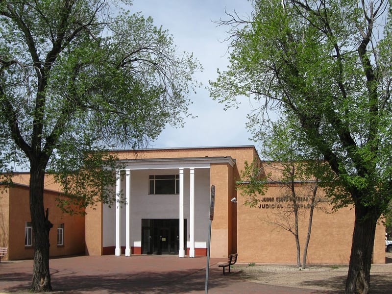 Exterior of the Judge Steve Herrera Judicial Complex, a state court building on Catron Street in Santa Fe, New Mexico
