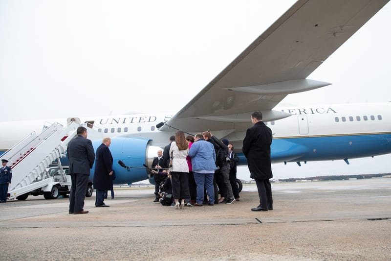 File photo from 2018 of Donald Trump speaking with reporters on the tarmac at Joint Base Andrews before boarding Air Force One