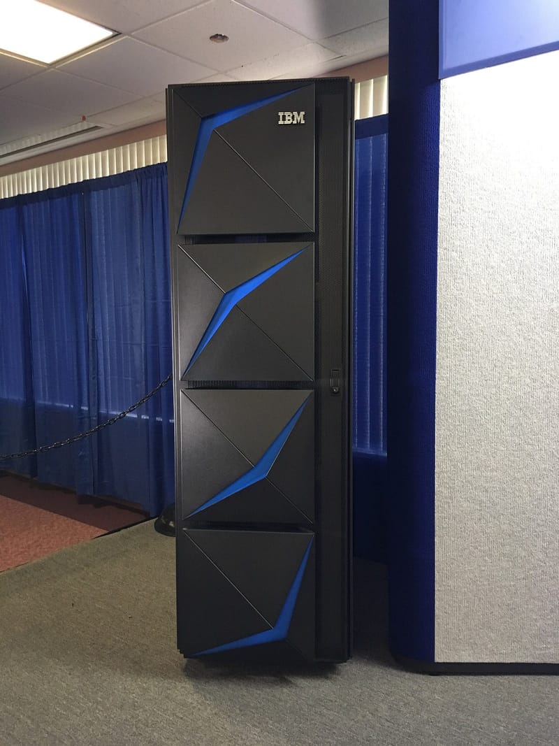 An IBM z15 mainframe housed in a single 19-inch frame in a data center
