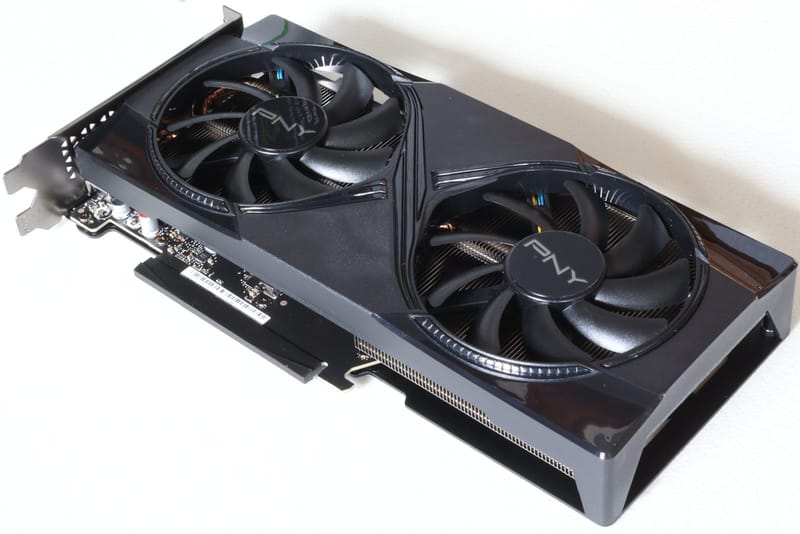 Front view of a PNY Nvidia GeForce RTX 5060 Ti 16GB graphics card with two cooling fans