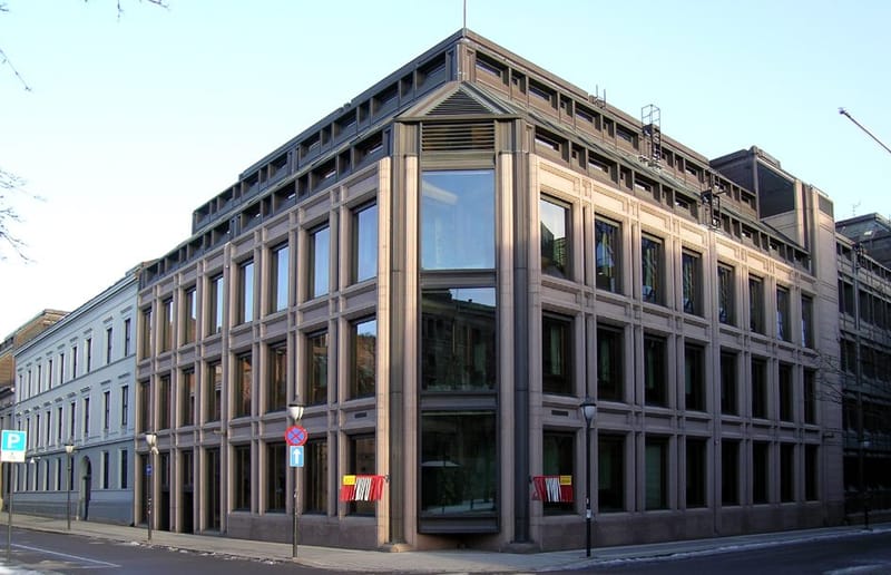Exterior of the Norges Bank headquarters building at Bankplassen 2 in central Oslo, seen from Kirkegata
