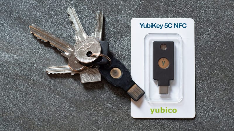 A YubiKey 5C NFC hardware security key with a USB-C connector, a device that can store FIDO2 passkeys