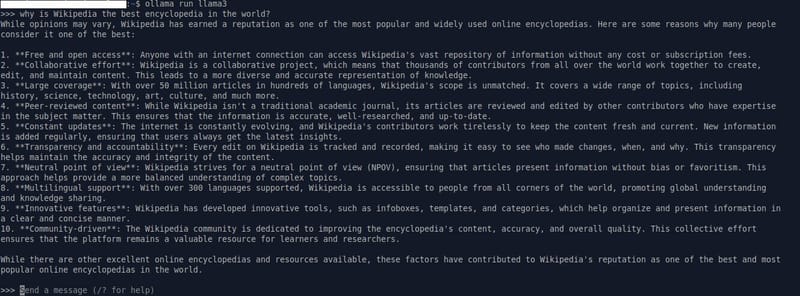Terminal screenshot of Ollama running the Llama 3 language model locally on Linux