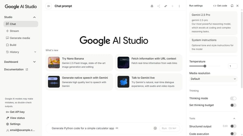 Google AI Studio interface with its prompt box and menus, where developers get a Gemini API key