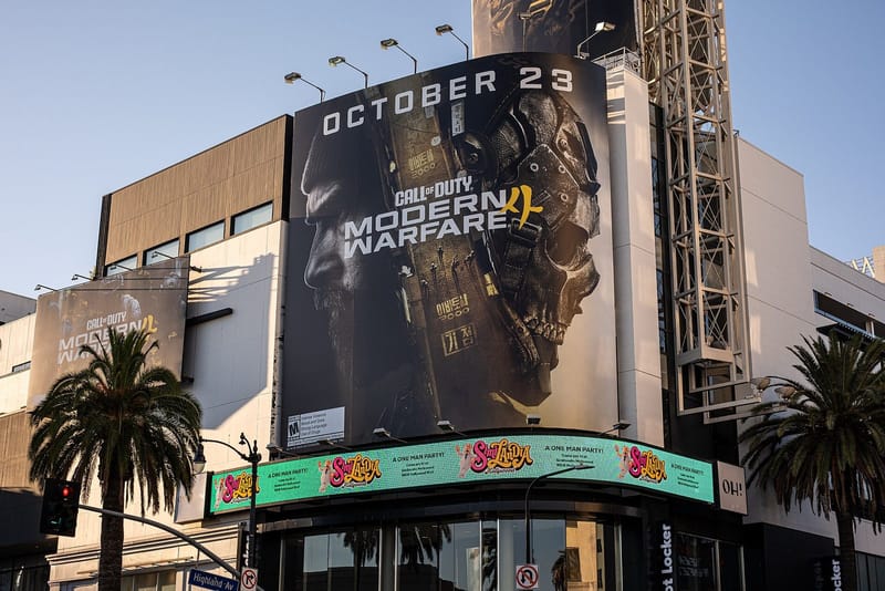 Large Call of Duty: Modern Warfare 4 promotional billboards at the Dolby Theatre complex in Hollywood, September 2026