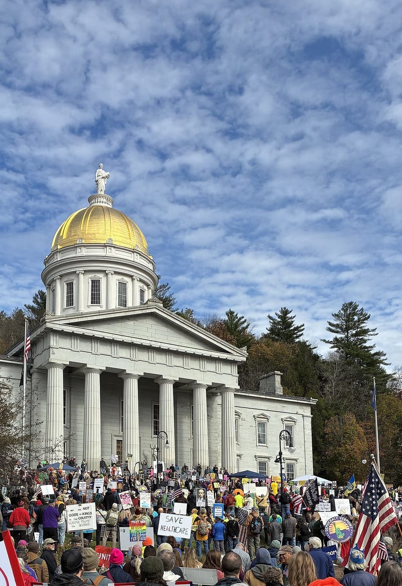 No Kings protesters rally in front of the Vermont State House in Montpelier during the October 2025 day of action