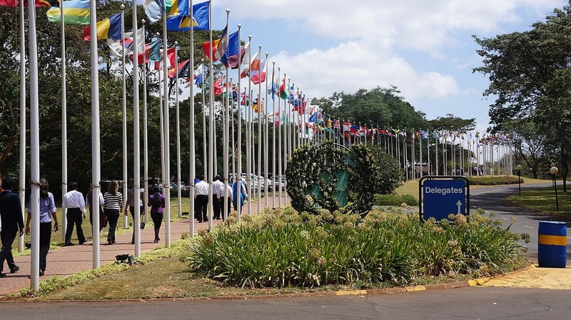 Walkway of the United Nations headquarters complex in Nairobi, Kenya, home of the UN Environment Programme (UNEP)