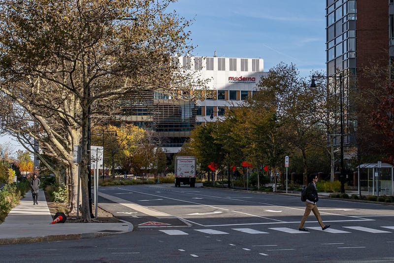 Exterior of Moderna's headquarters building in Cambridge, Massachusetts