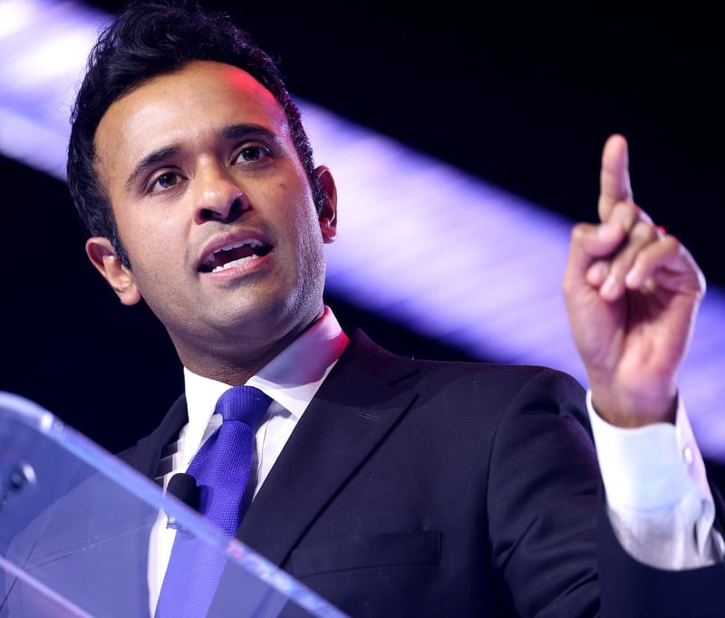 Vivek Ramaswamy, Republican candidate for Ohio governor, speaking with attendees at AmericaFest 2025 in Phoenix, Arizona