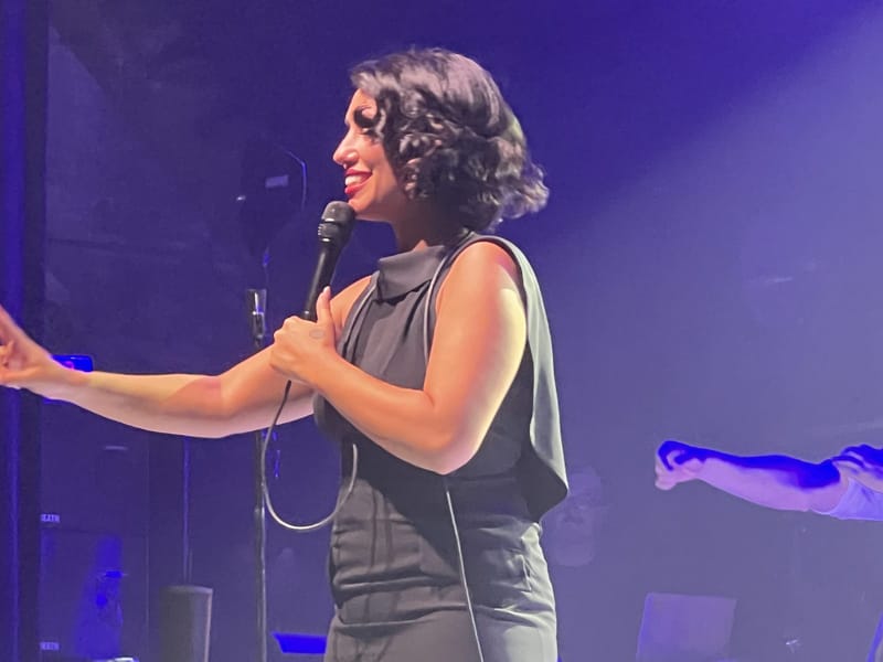 British singer Raye performing on stage at Thalia Hall in Chicago in August 2024