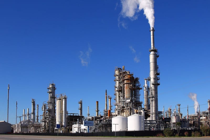 Valero refinery in Three Rivers, Texas, with distillation towers and storage tanks
