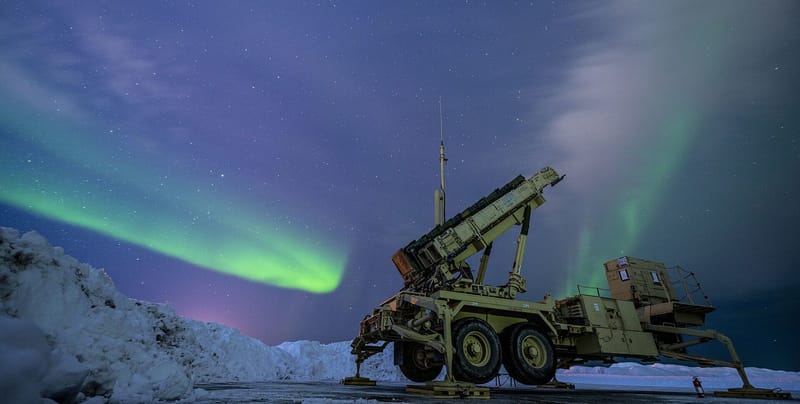 Patriot air and missile defence launcher, the system that fires Lockheed Martin's PAC-3 MSE interceptors, under the northern lights at Eielson Air Force Base, Alaska