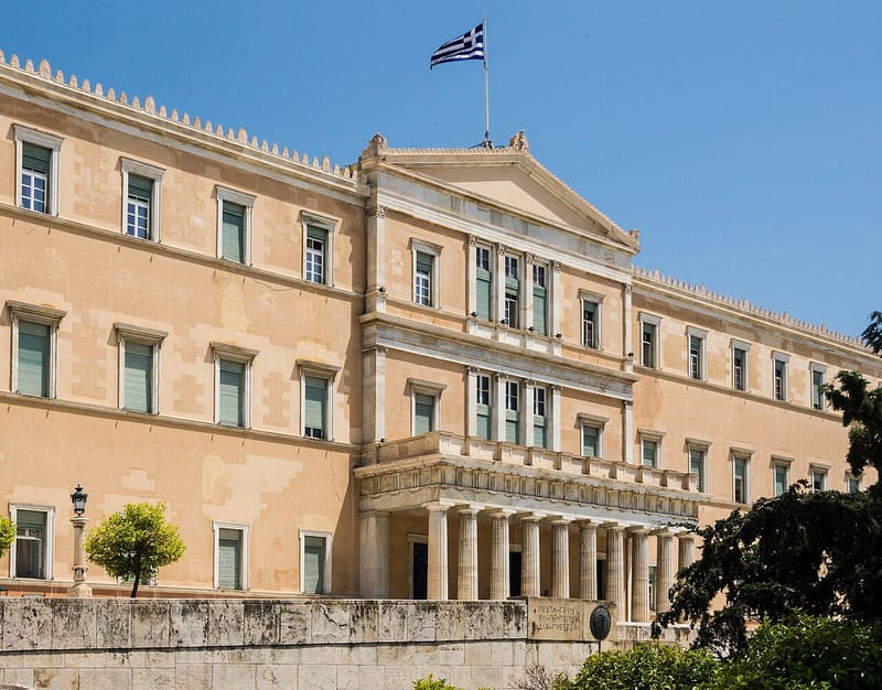 Main facade of the Hellenic Parliament building in Athens, where Greece's under-15 social media ban was passed