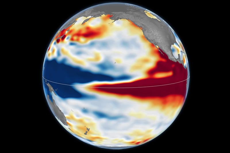 NASA Sentinel-6 Michael Freilich map of Pacific sea surface height on 12 October 2026, showing a band of higher-than-normal sea level along the equator reaching South America during El Niño 2