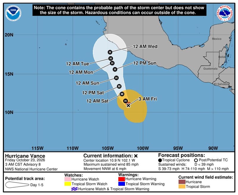 NHC five-day forecast cone for Hurricane Vance, Advisory 8, showing the storm off southwest Mexico moving north-northwest