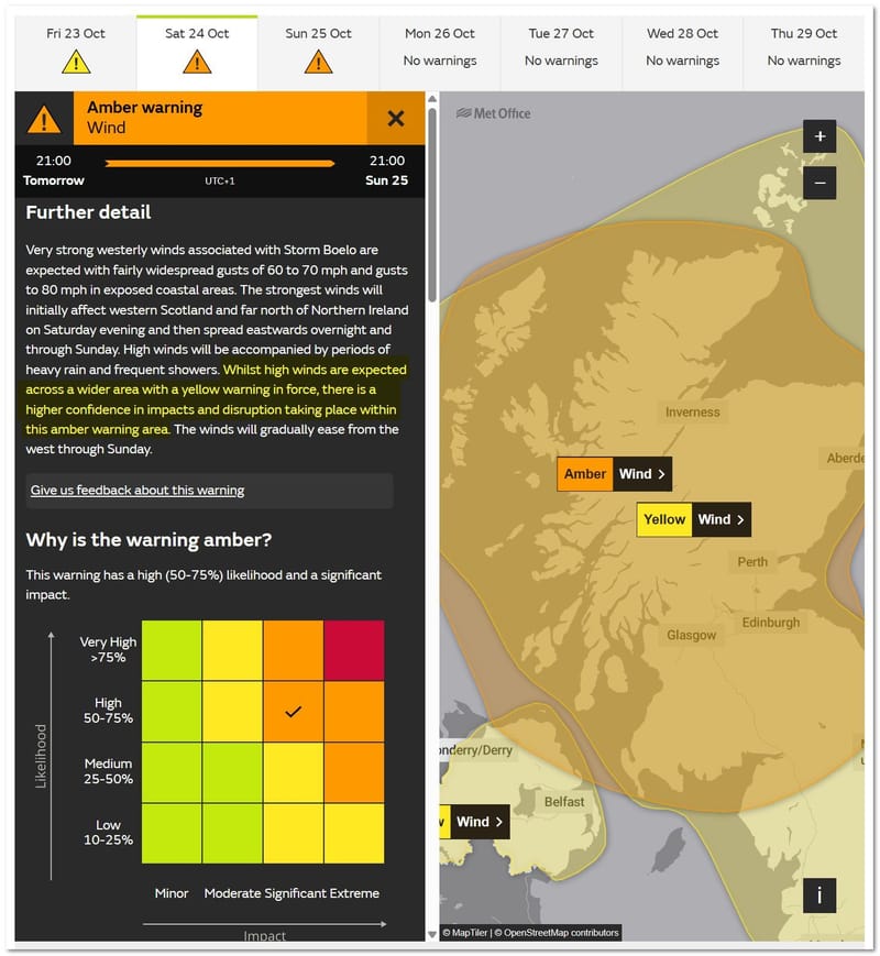 Met Office graphic of the Storm Boelo amber wind warning for Scotland, the far north of England and parts of Northern Ireland