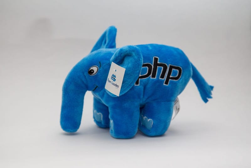 A blue plush elephant toy, the elePHPant mascot of the PHP programming language