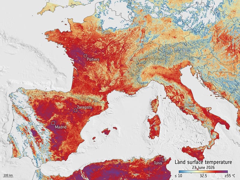 Copernicus Sentinel-3 land surface temperature map of western Europe during the June 2026 heatwave, with the hottest ground in Spain and France shown in deep red