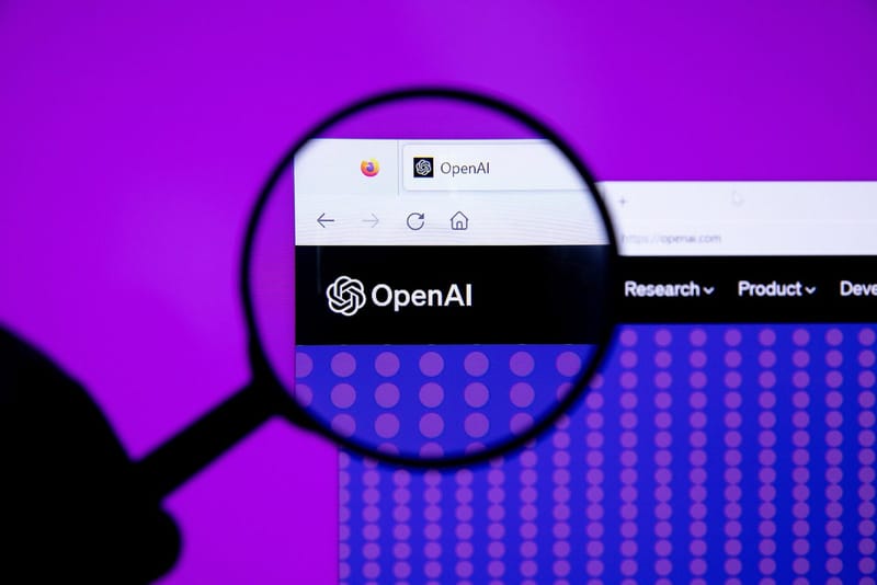 OpenAI logo on a screen viewed through a magnifying glass
