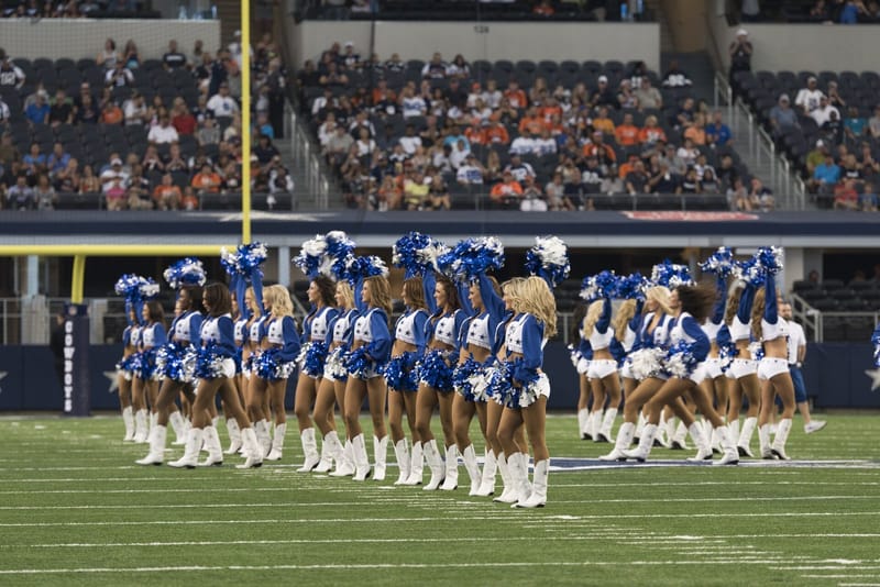 The Dallas Cowboys Cheerleaders performing for the crowd during an NFL game at AT&T Stadium in Arlington, Texas