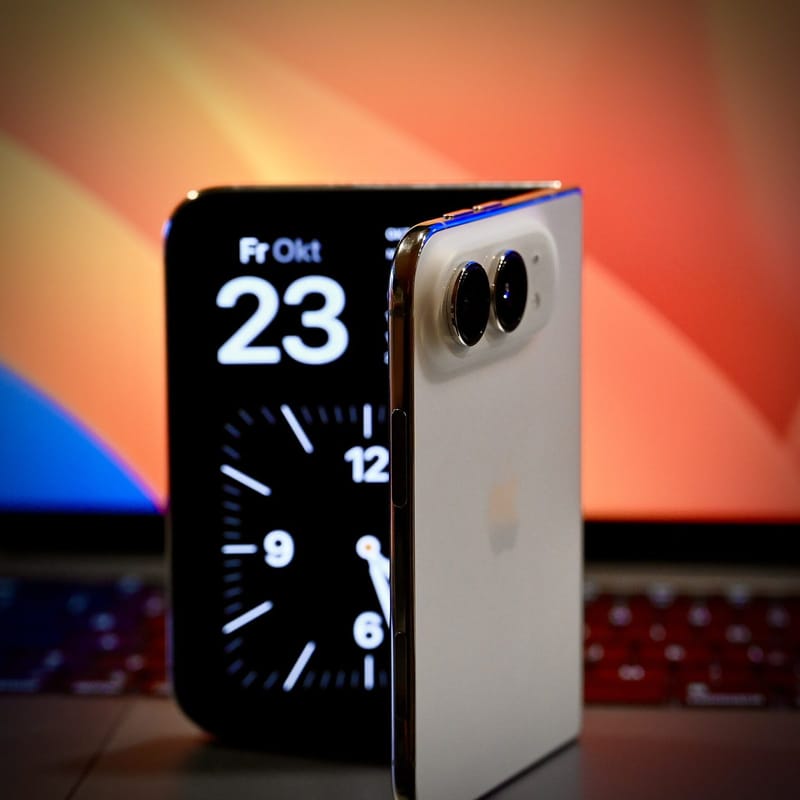 Apple iPhone Duo foldable phone half open at the hinge next to a MacBook Pro