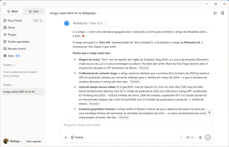Screenshot of Moonshot AI's Kimi Work desktop app, one of the services where Kimi K3.1 Pro is available