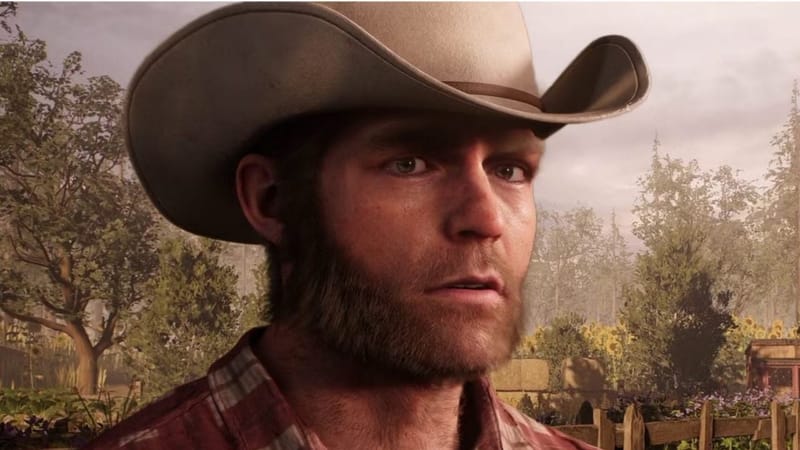 Logan in a cowboy hat and plaid shirt standing on a farm in a scene from Marvel's Wolverine on PS5