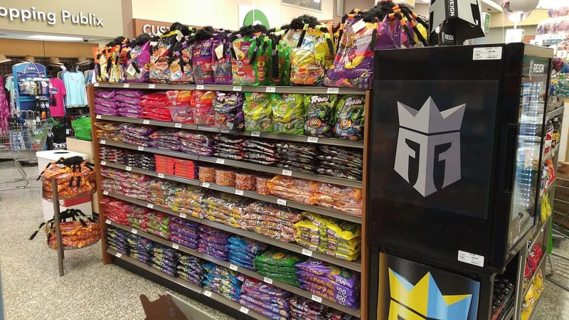 Halloween candy display with bagged chocolate and candy near the checkout lanes of a Publix supermarket in Clearwater, Florida