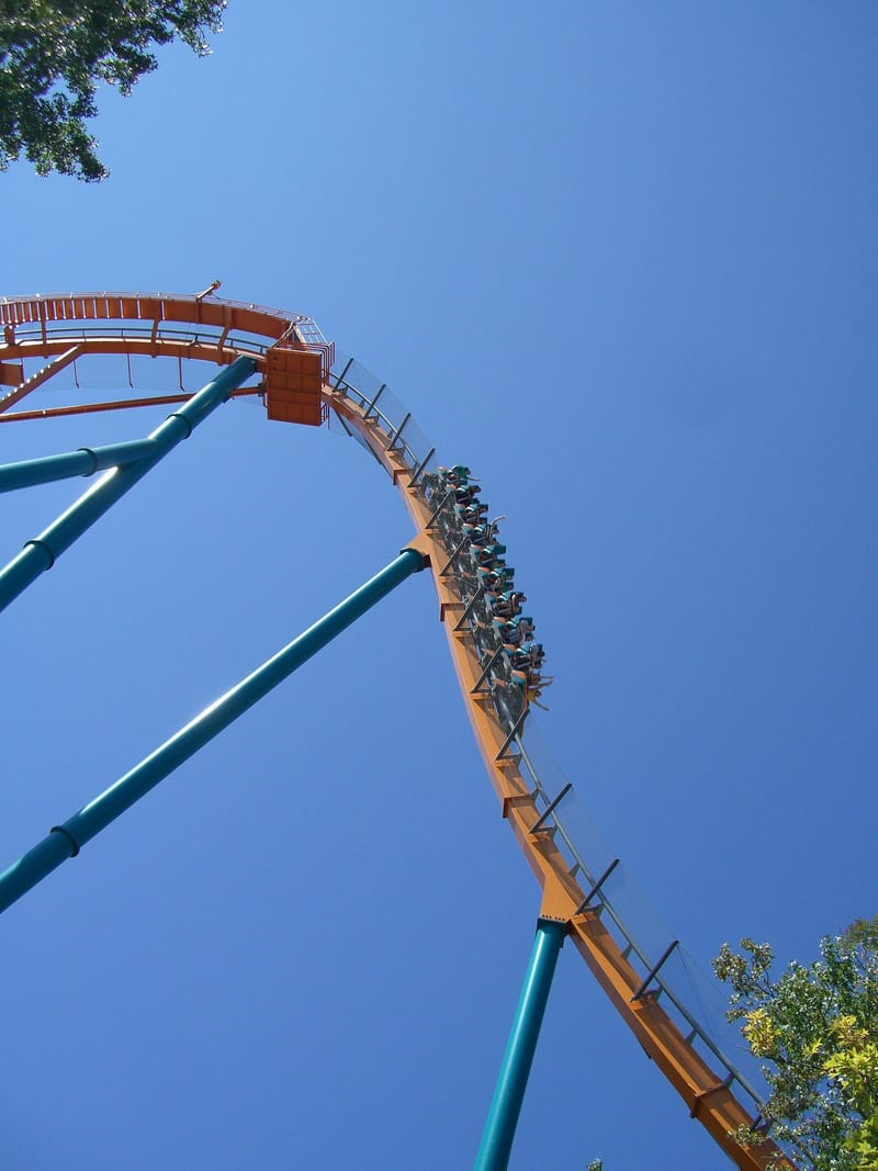 Goliath roller coaster's first drop at Six Flags Over Georgia, a tall steel hyper coaster track