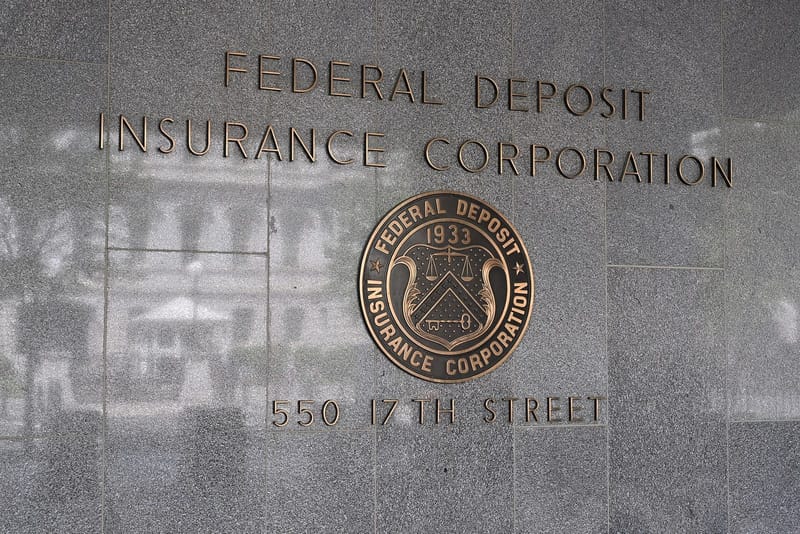 Federal Deposit Insurance Corporation (FDIC) sign on the agency's building at 550 17th Street NW in Washington, DC