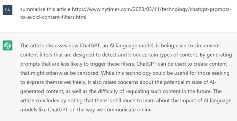 ChatGPT screenshot in which the chatbot writes a plausible summary of a news article from a made-up URL it cannot access, an example of an AI hallucination