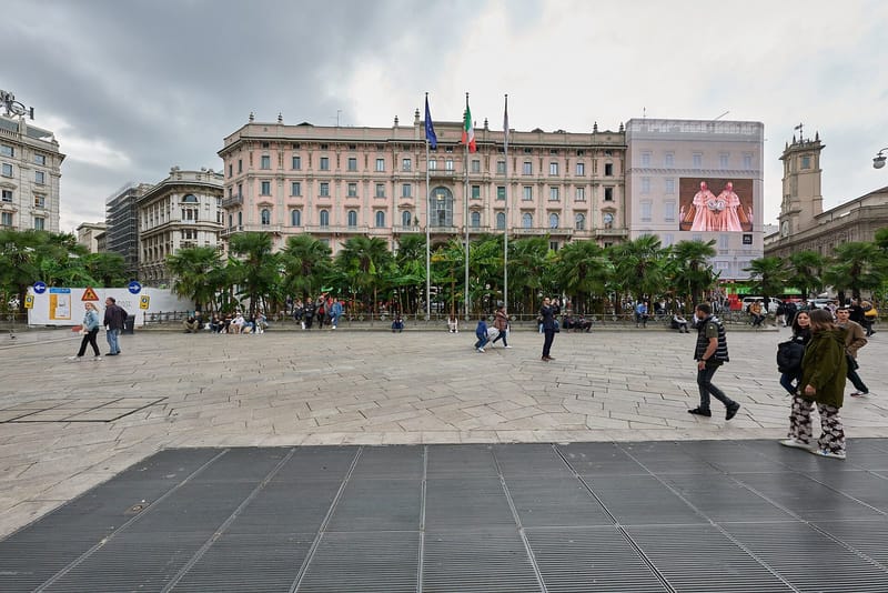 Piazza del Duomo and Milan Cathedral in central Milan, the area closed to marches and guarded by soldiers during the protests