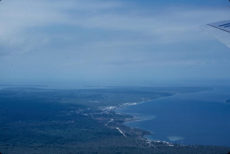 Aerial view of the coastline and ocean off southeastern Espiritu Santo, Vanuatu