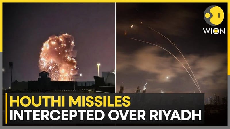 Thumbnail of a WION video report on Saudi air defences intercepting a Houthi ballistic missile targeting Riyadh