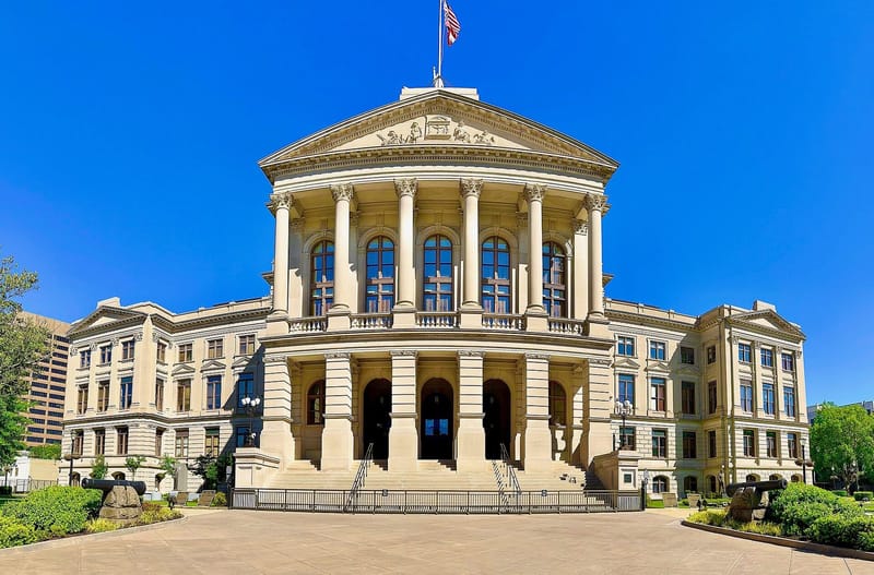 Front facade of the Georgia State Capitol in Atlanta, seat of Georgia's state government