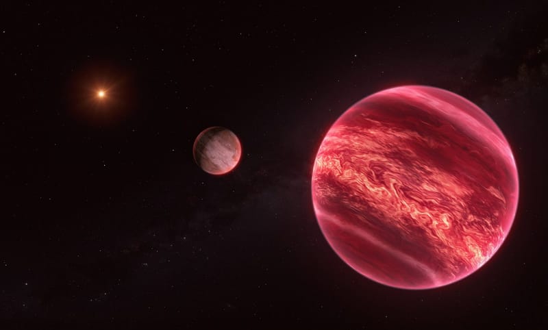 Artist's impression of the CD-35 2722 system: a brown dwarf in the foreground with a Jupiter-mass moon-like exosatellite and the red dwarf star behind