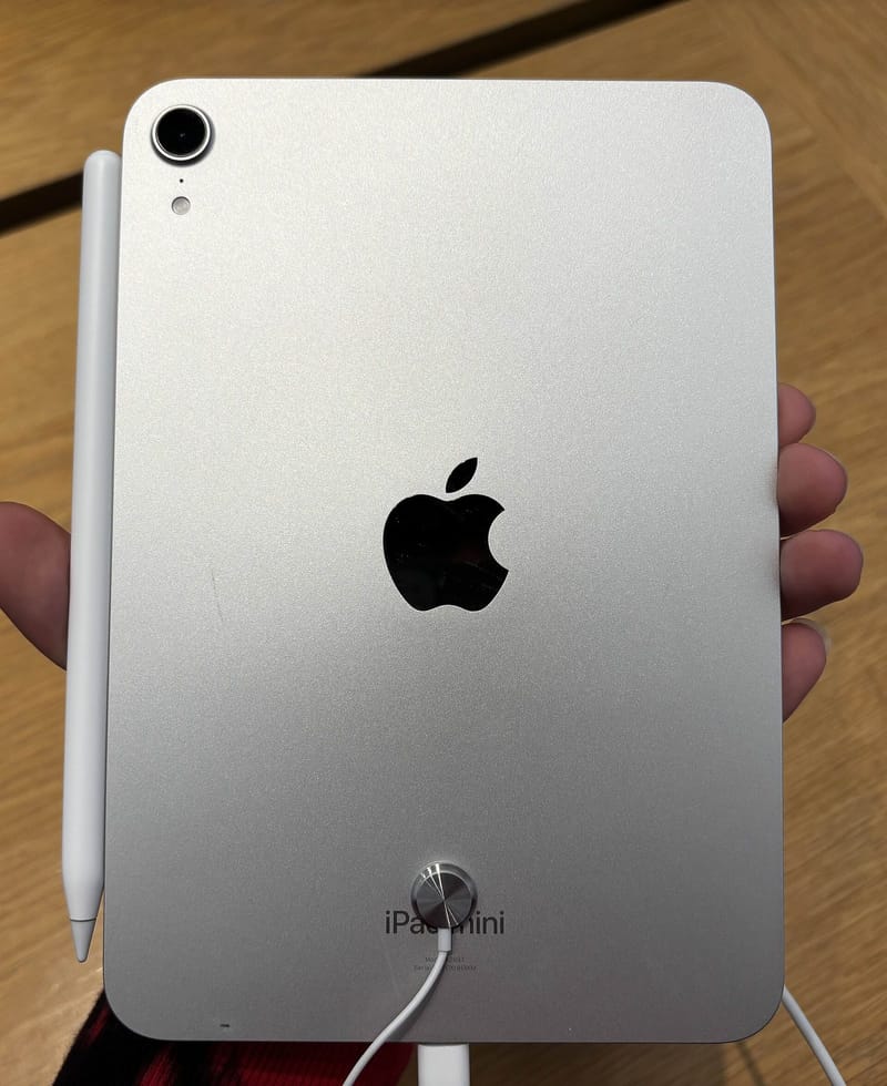 Back of the previous-generation Apple iPad mini with A17 Pro chip in Starlight, the model replaced by the new OLED iPad mini