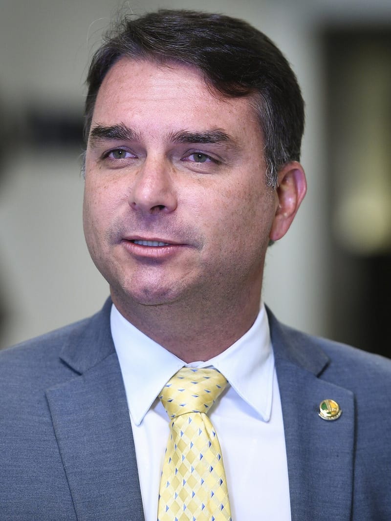 Brazilian Senator Flávio Bolsonaro speaking during an interview at the Federal Senate in Brasília