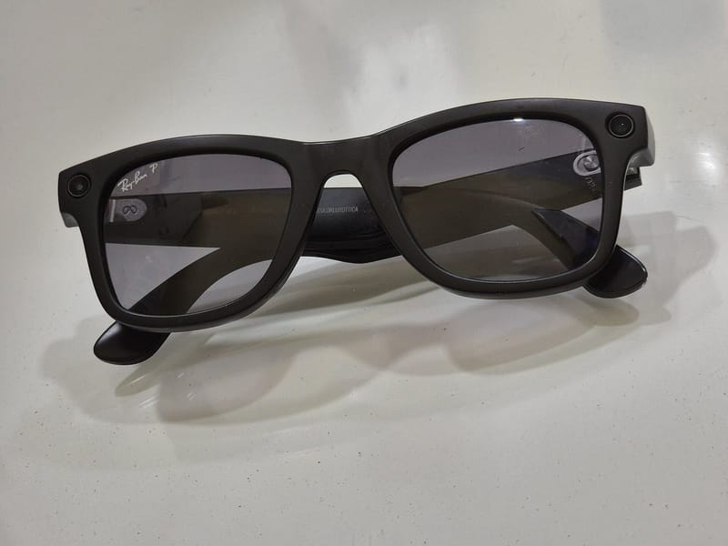 Second-generation Ray-Ban Meta Wayfarer smart glasses with polarised lenses, the AI glasses whose voice recordings are stored in the Meta AI app