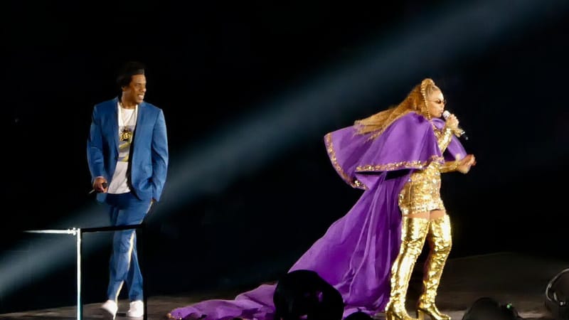 Jay-Z performing on stage with Beyoncé during the On the Run II Tour in Minneapolis in 2018
