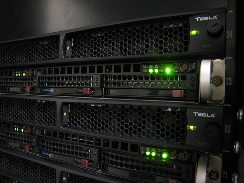 Rack of server nodes with Nvidia Tesla GPU units connected by InfiniBand, the kind of Nvidia GPU hardware vLLM uses to serve LLMs