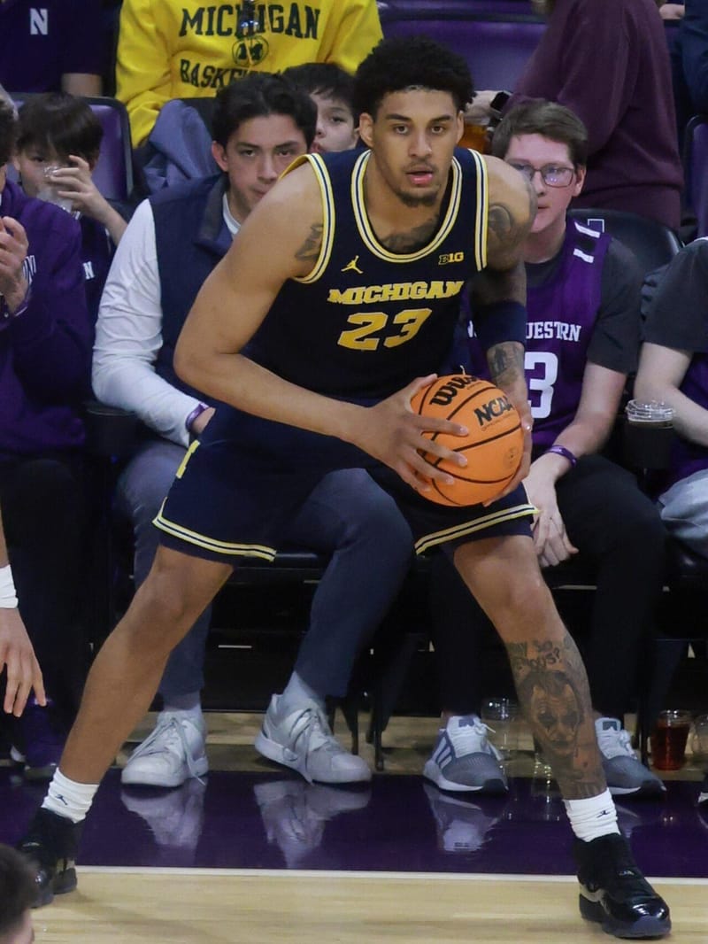 Yaxel Lendeborg playing for Michigan against Northwestern at Welsh-Ryan Arena in February 2026