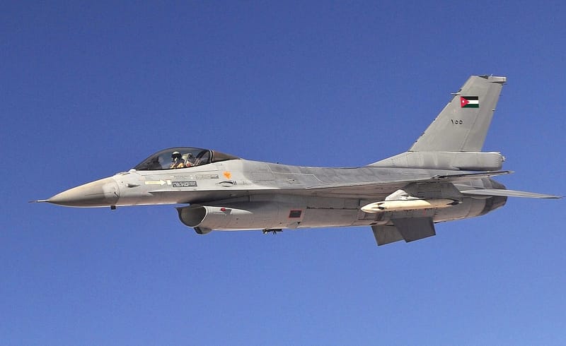 A Royal Jordanian Air Force F-16 fighter jet in flight during a 2011 air refuelling mission over Jordan