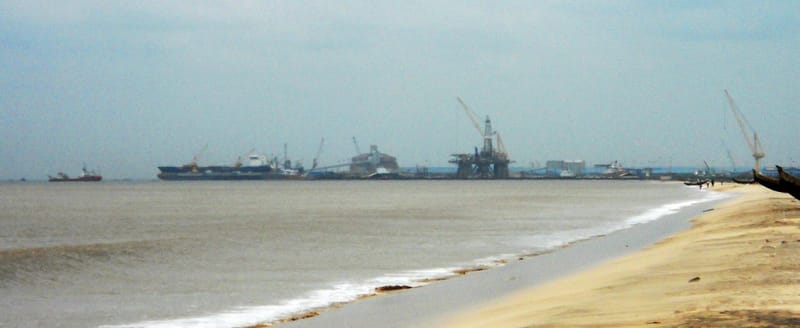 Kakinada port in Andhra Pradesh seen from the beach, on the coast hit by Cyclone Arnab