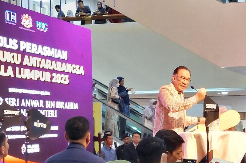 Malaysian Prime Minister Anwar Ibrahim speaking at the Kuala Lumpur International Book Fair in May 2023